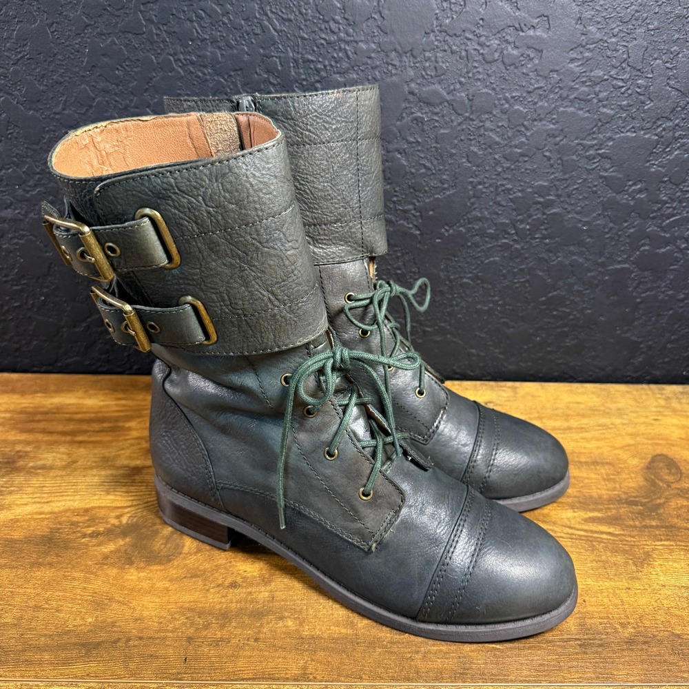 Lucky Brand Green Leather Buckle Lace Up Combat Boots‎ Women 10 M 40